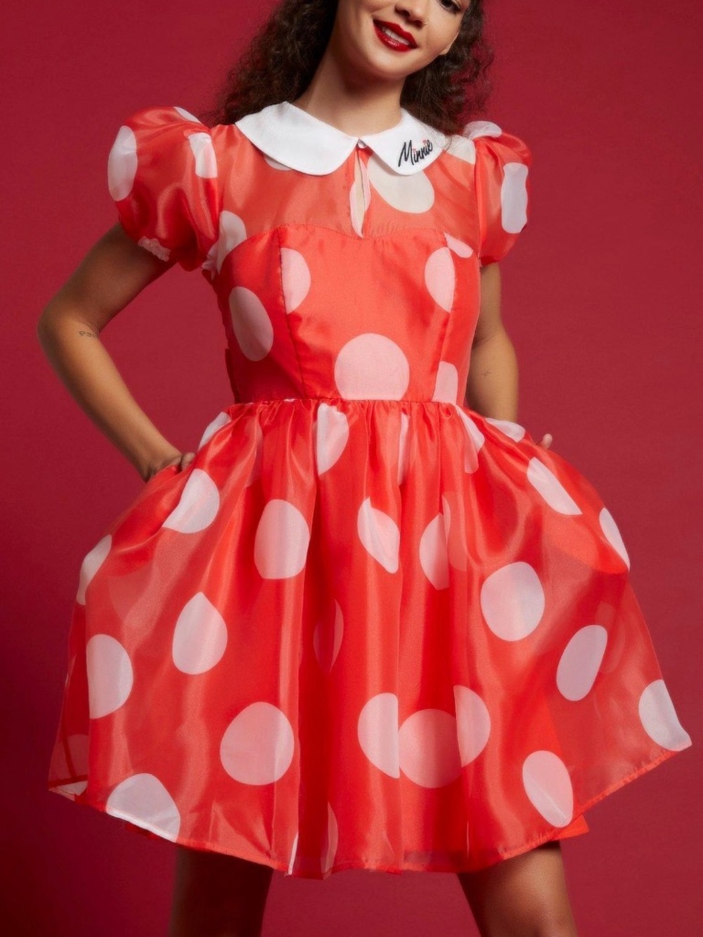 100 - Disney Red Polka Dot Mini Dress with White Collar Sz Small